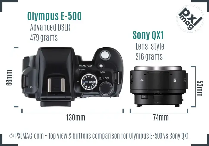 Olympus E-500 vs Sony QX1 top view buttons comparison