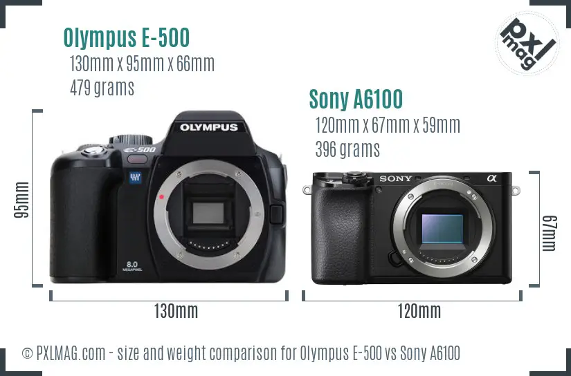 Olympus E-500 vs Sony A6100 size comparison