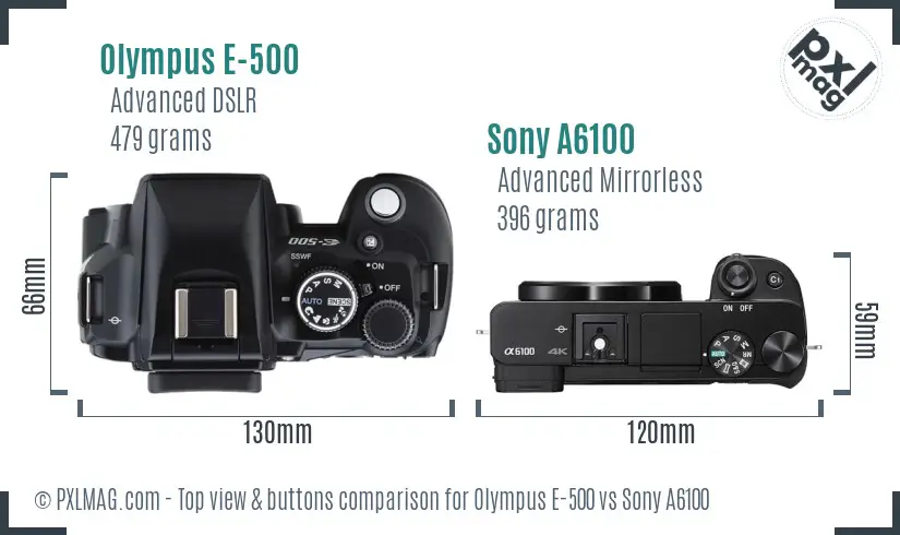 Olympus E-500 vs Sony A6100 top view buttons comparison