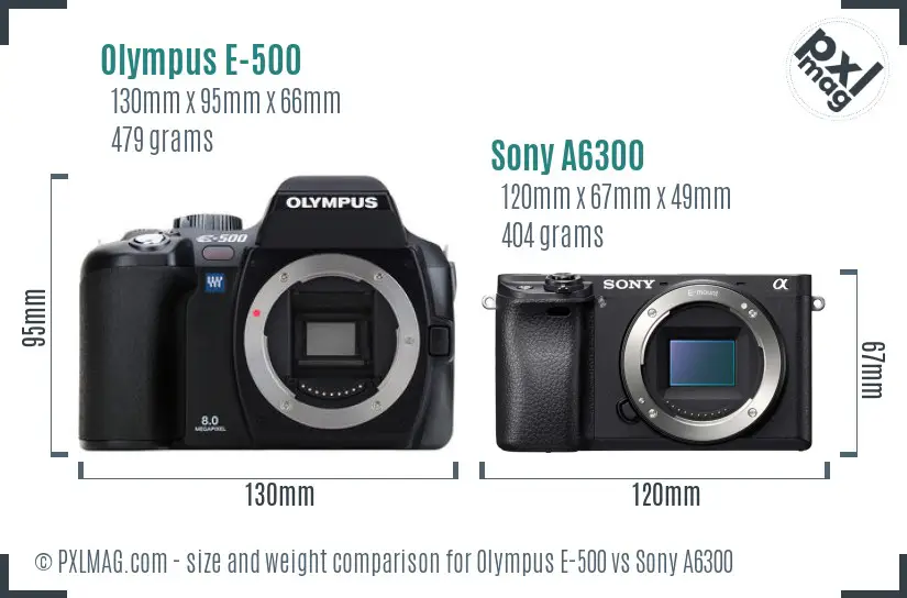 Olympus E-500 vs Sony A6300 size comparison