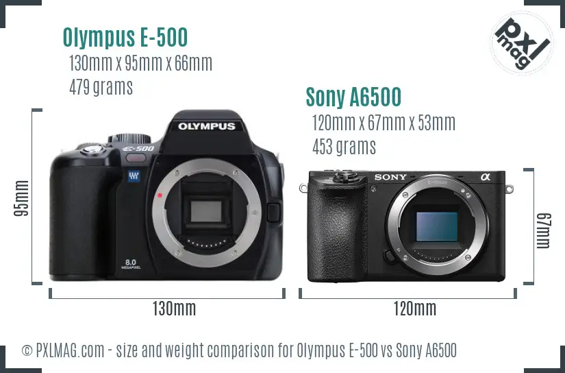 Olympus E-500 vs Sony A6500 size comparison