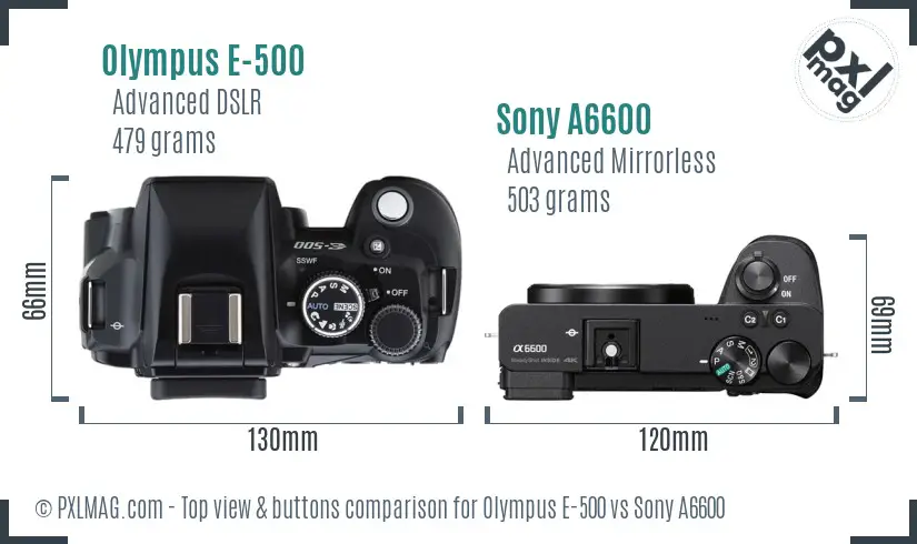 Olympus E-500 vs Sony A6600 top view buttons comparison