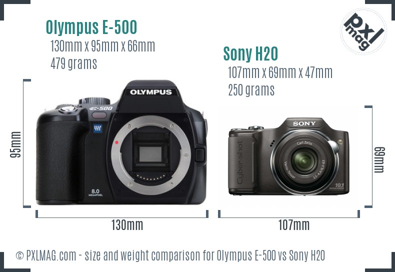 Olympus E-500 vs Sony H20 size comparison