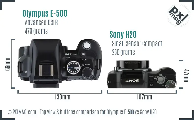 Olympus E-500 vs Sony H20 top view buttons comparison