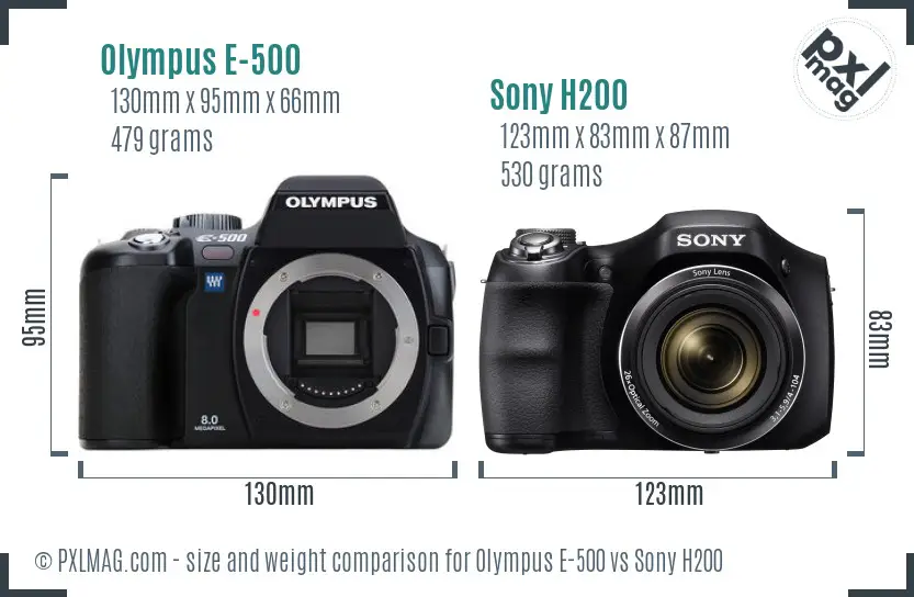 Olympus E-500 vs Sony H200 size comparison