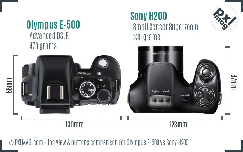 Olympus E-500 vs Sony H200 top view buttons comparison