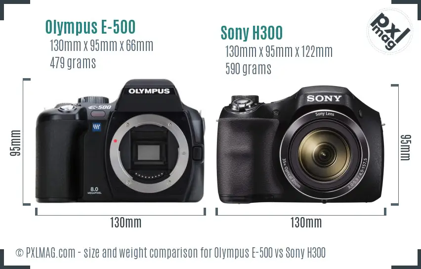 Olympus E-500 vs Sony H300 size comparison