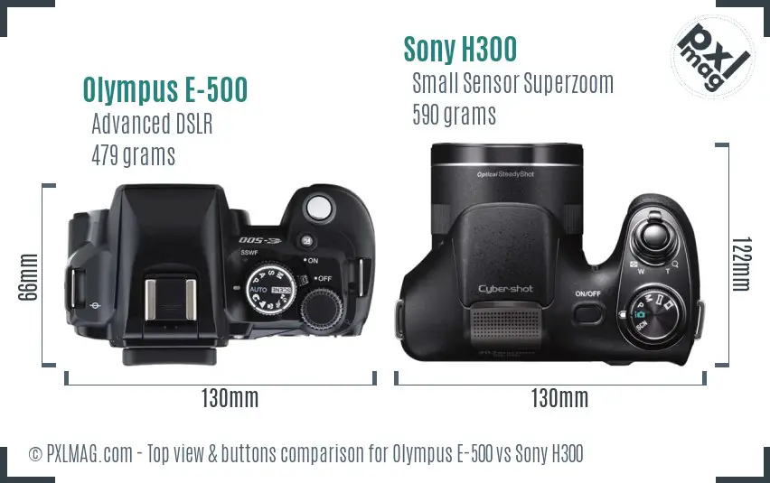 Olympus E-500 vs Sony H300 top view buttons comparison
