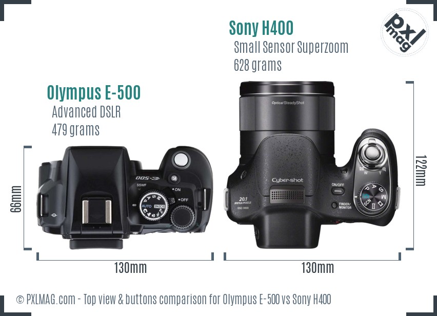 Olympus E-500 vs Sony H400 top view buttons comparison