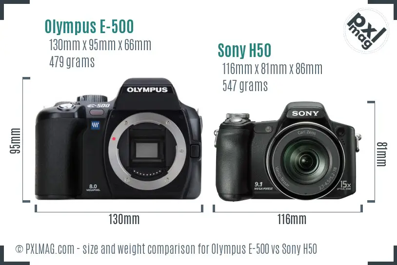 Olympus E-500 vs Sony H50 size comparison