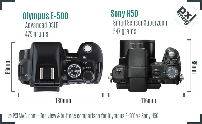 Olympus E-500 vs Sony H50 top view buttons comparison