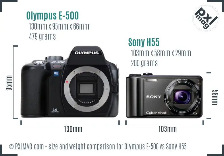 Olympus E-500 vs Sony H55 size comparison
