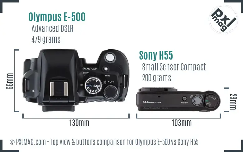 Olympus E-500 vs Sony H55 top view buttons comparison