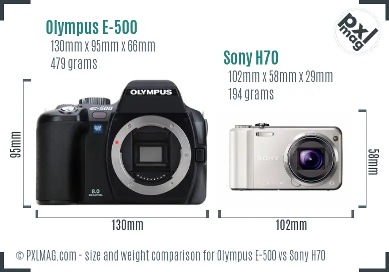 Olympus E-500 vs Sony H70 size comparison