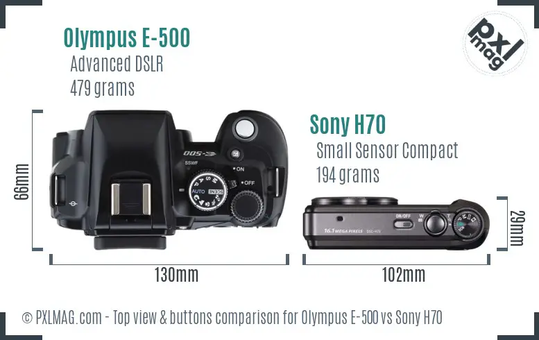 Olympus E-500 vs Sony H70 top view buttons comparison