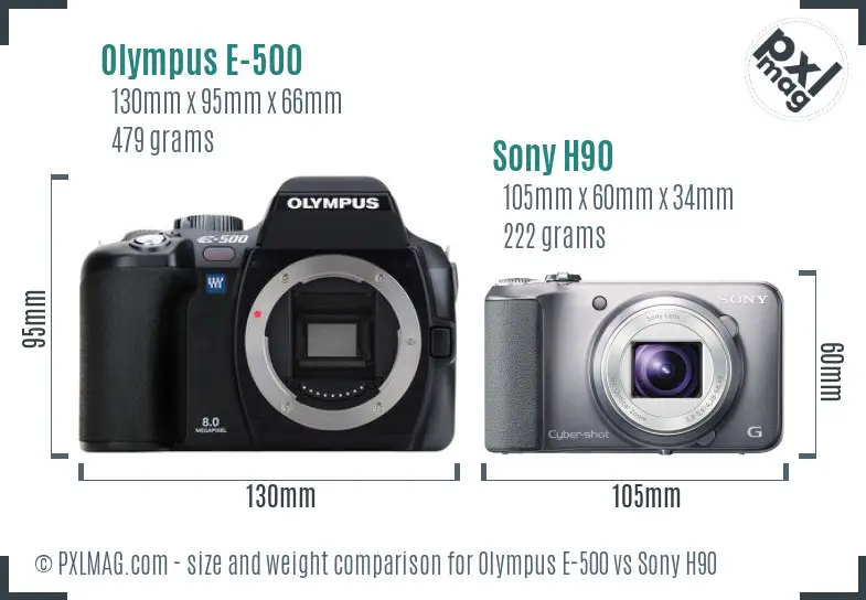 Olympus E-500 vs Sony H90 size comparison