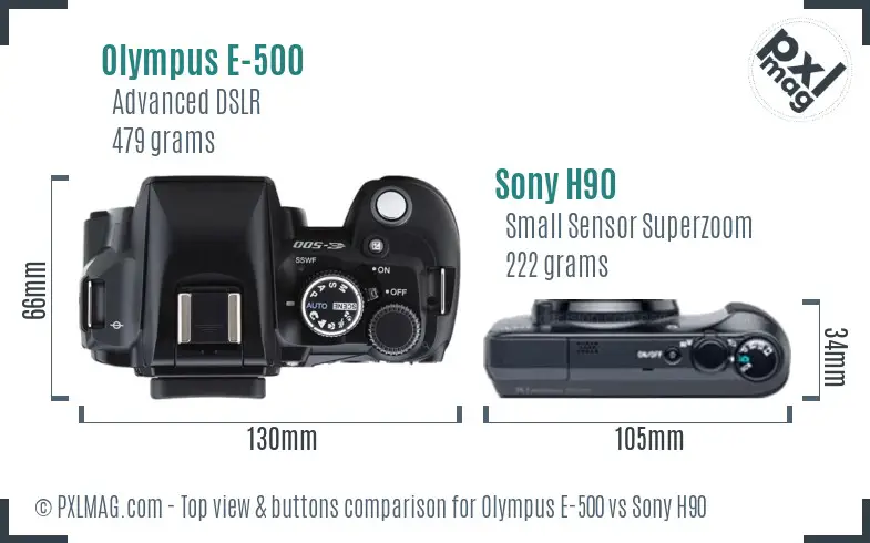 Olympus E-500 vs Sony H90 top view buttons comparison