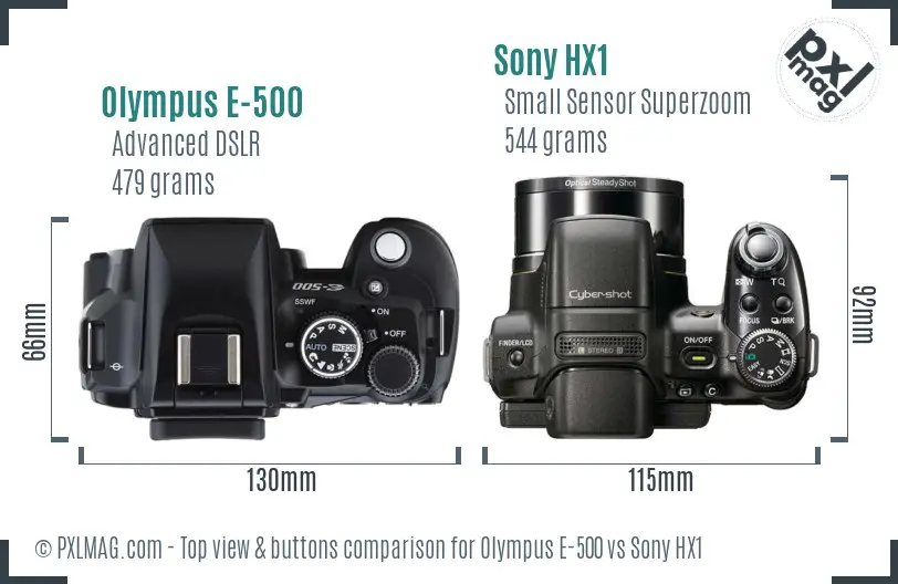 Olympus E-500 vs Sony HX1 top view buttons comparison