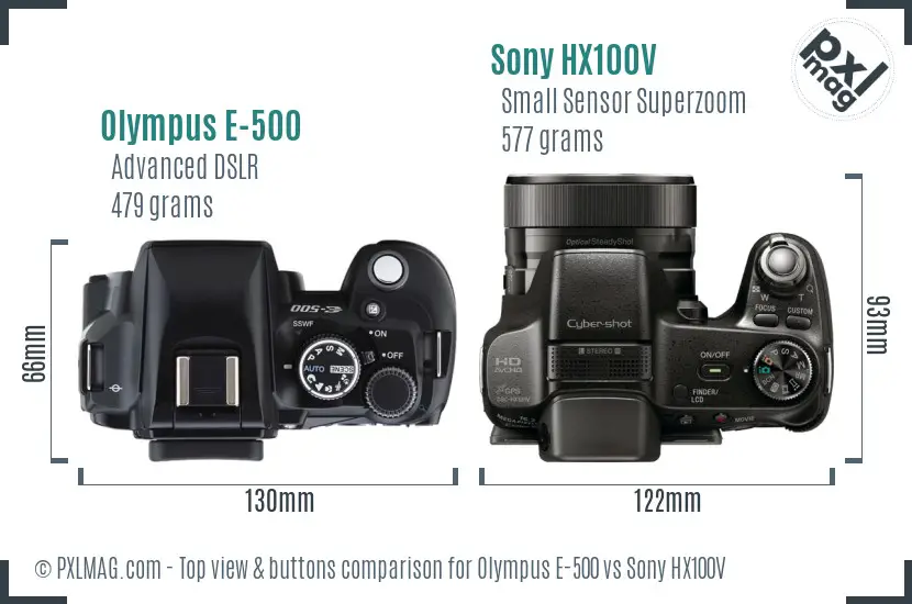 Olympus E-500 vs Sony HX100V top view buttons comparison