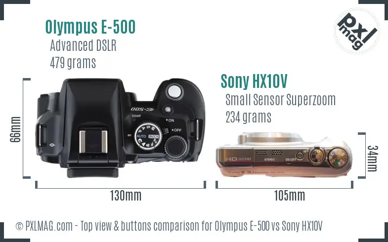 Olympus E-500 vs Sony HX10V top view buttons comparison