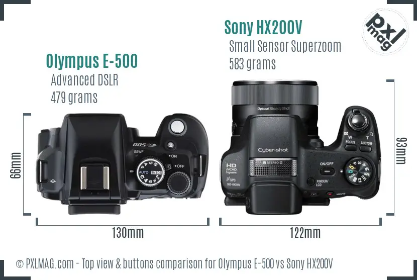 Olympus E-500 vs Sony HX200V top view buttons comparison