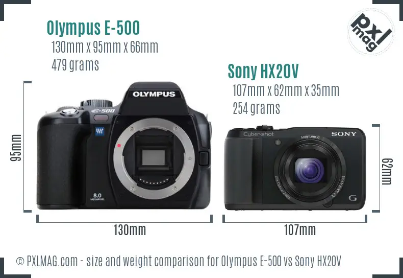 Olympus E-500 vs Sony HX20V size comparison