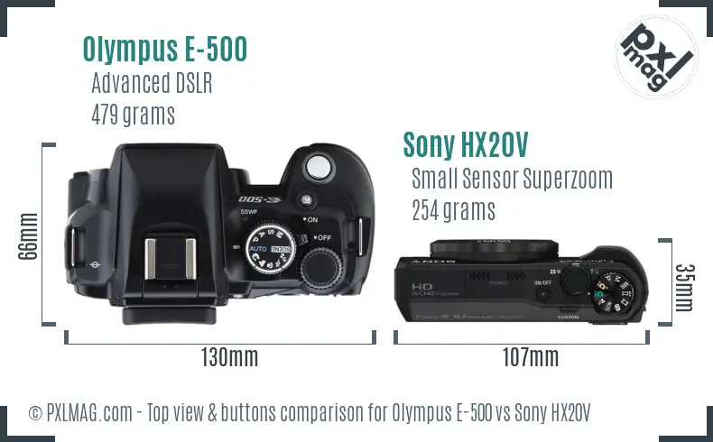 Olympus E-500 vs Sony HX20V top view buttons comparison