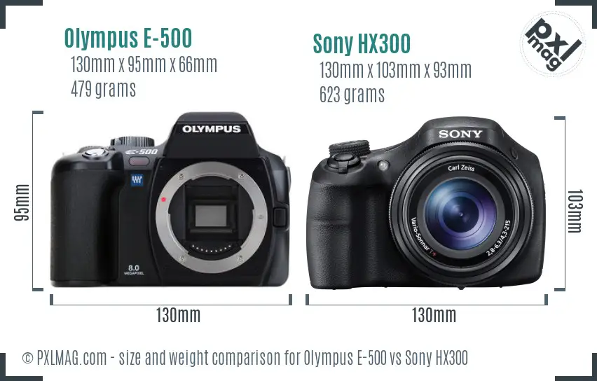 Olympus E-500 vs Sony HX300 size comparison