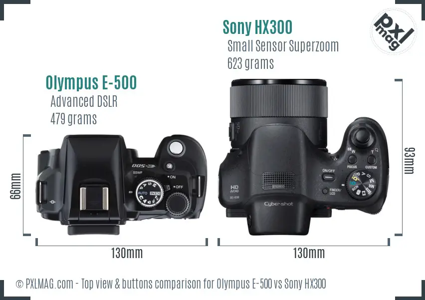 Olympus E-500 vs Sony HX300 top view buttons comparison