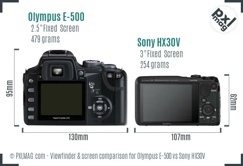Olympus E-500 vs Sony HX30V Screen and Viewfinder comparison
