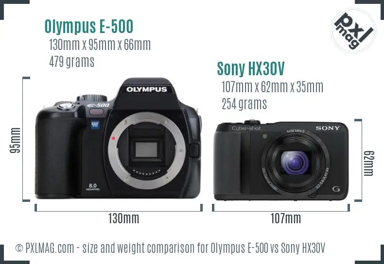 Olympus E-500 vs Sony HX30V size comparison