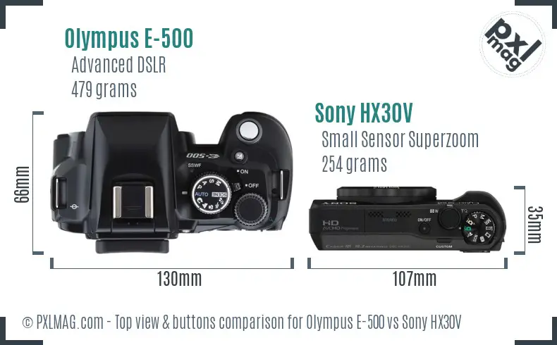 Olympus E-500 vs Sony HX30V top view buttons comparison