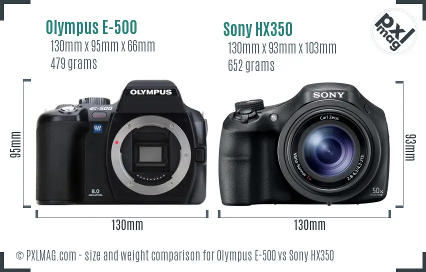 Olympus E-500 vs Sony HX350 size comparison Olympus E-500 vs Sony HX350 size comparison