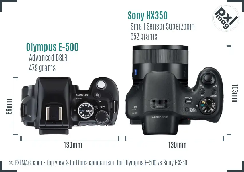 Olympus E-500 vs Sony HX350 top view buttons comparison