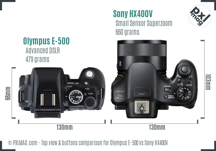 Olympus E-500 vs Sony HX400V top view buttons comparison