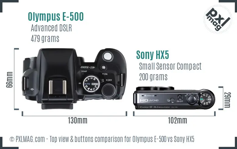 Olympus E-500 vs Sony HX5 top view buttons comparison