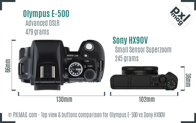 Olympus E-500 vs Sony HX90V top view buttons comparison