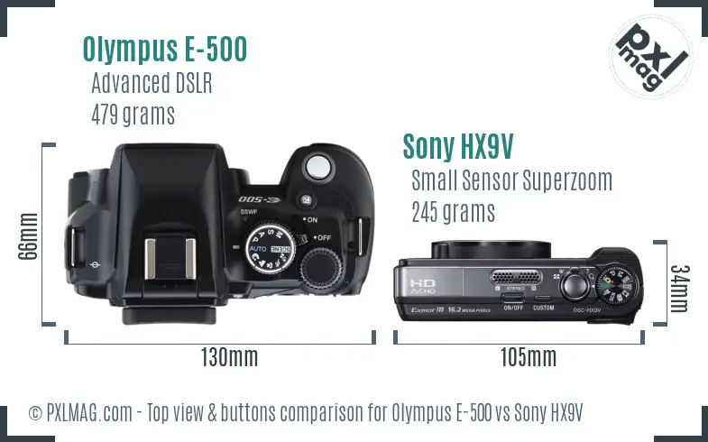 Olympus E-500 vs Sony HX9V top view buttons comparison