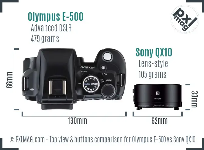 Olympus E-500 vs Sony QX10 top view buttons comparison