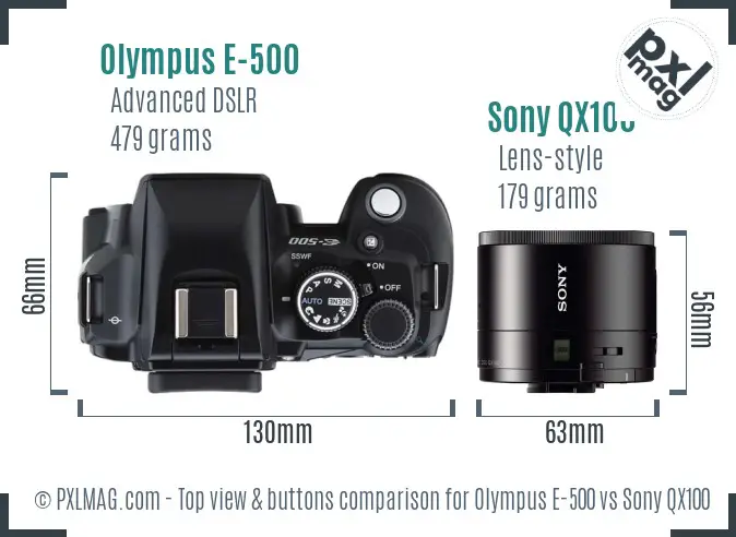 Olympus E-500 vs Sony QX100 top view buttons comparison