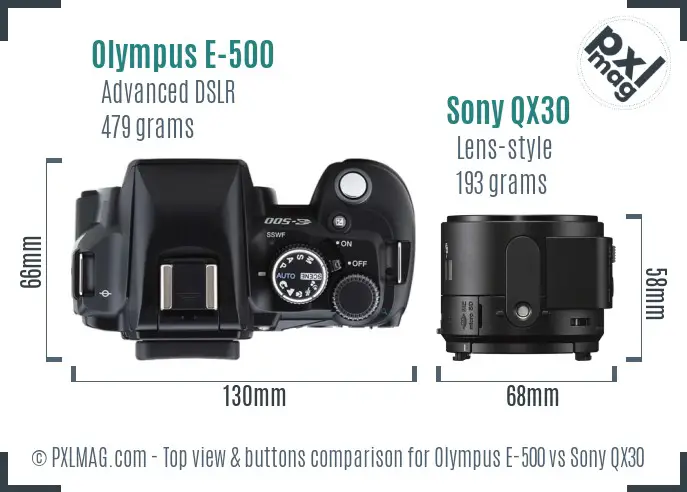 Olympus E-500 vs Sony QX30 top view buttons comparison