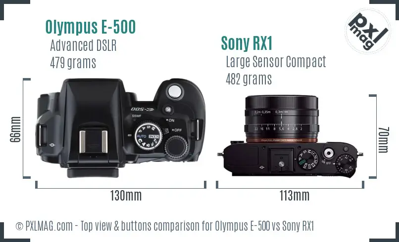 Olympus E-500 vs Sony RX1 top view buttons comparison