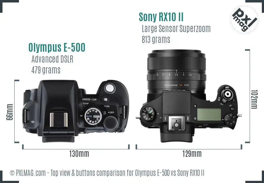 Olympus E-500 vs Sony RX10 II top view buttons comparison