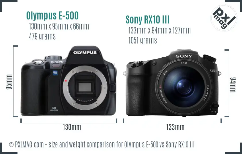 Olympus E-500 vs Sony RX10 III size comparison