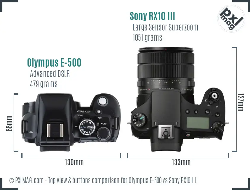 Olympus E-500 vs Sony RX10 III top view buttons comparison