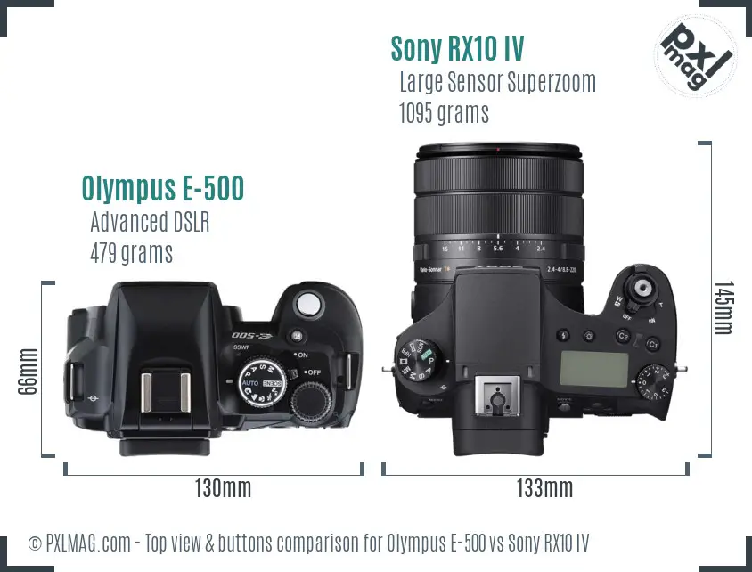 Olympus E-500 vs Sony RX10 IV top view buttons comparison