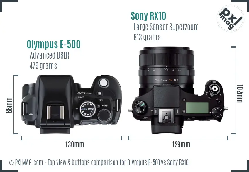 Olympus E-500 vs Sony RX10 top view buttons comparison