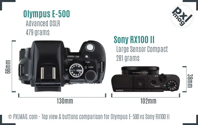 Olympus E-500 vs Sony RX100 II top view buttons comparison
