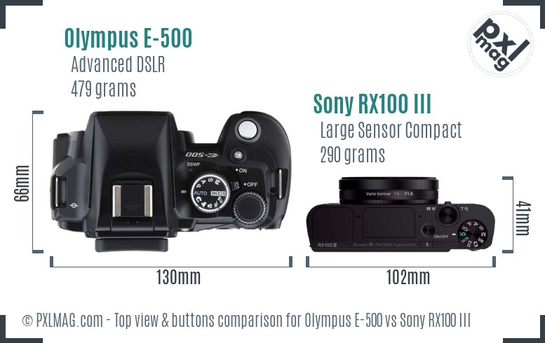 Olympus E-500 vs Sony RX100 III top view buttons comparison
