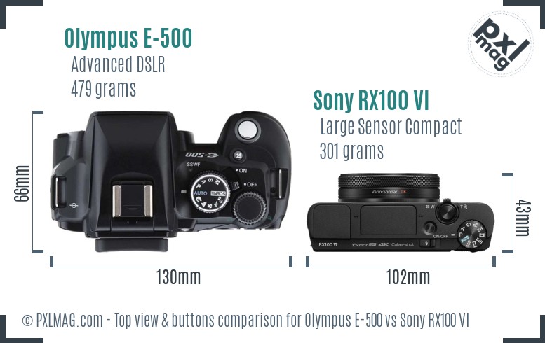 Olympus E-500 vs Sony RX100 VI top view buttons comparison